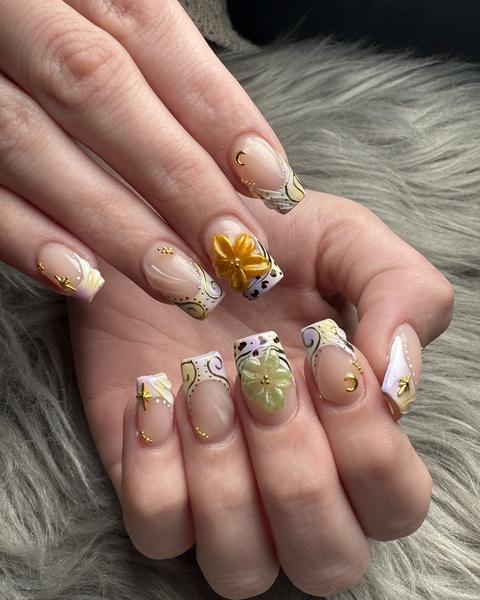 Short square nails with gold 3D flowers and hand-painted floral nail art at 88 Nails in Lewisville, TX
