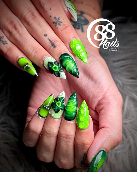 Lime green 3D nail art with a raised flower and hand-painted swirls on long almond nails at 88 Nails in Lewisville, TX